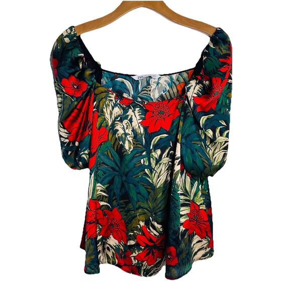 Zara Blouse Top Women's SZ S Floral Print Tropical Puff Sle Festival Chic Boho - Picture 3 of 10